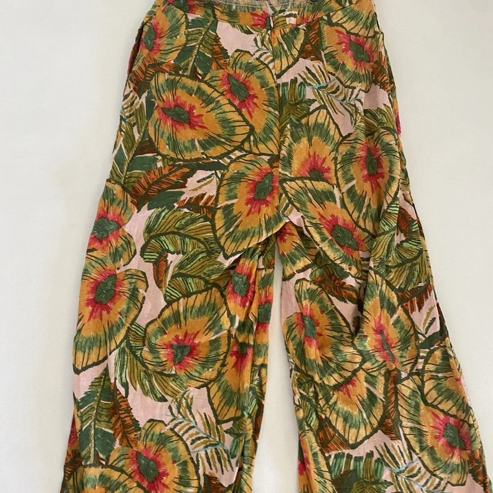 Cynthia Rowley Pink Green Tropical Wide Leg Jumpsuit Medium Holiday Resort Linen